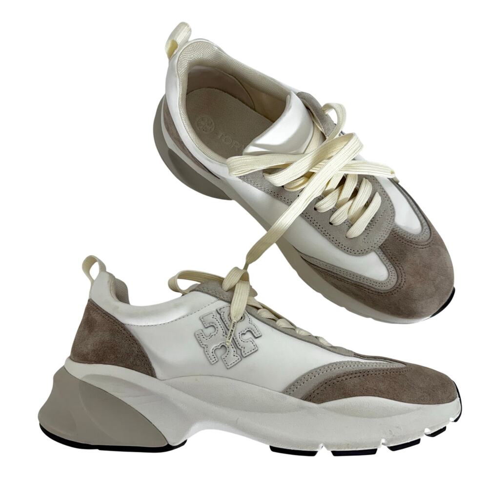 Tory Burch Good Luck Trainer Sneakers Suede Trim White/Tan Women's 9.5M